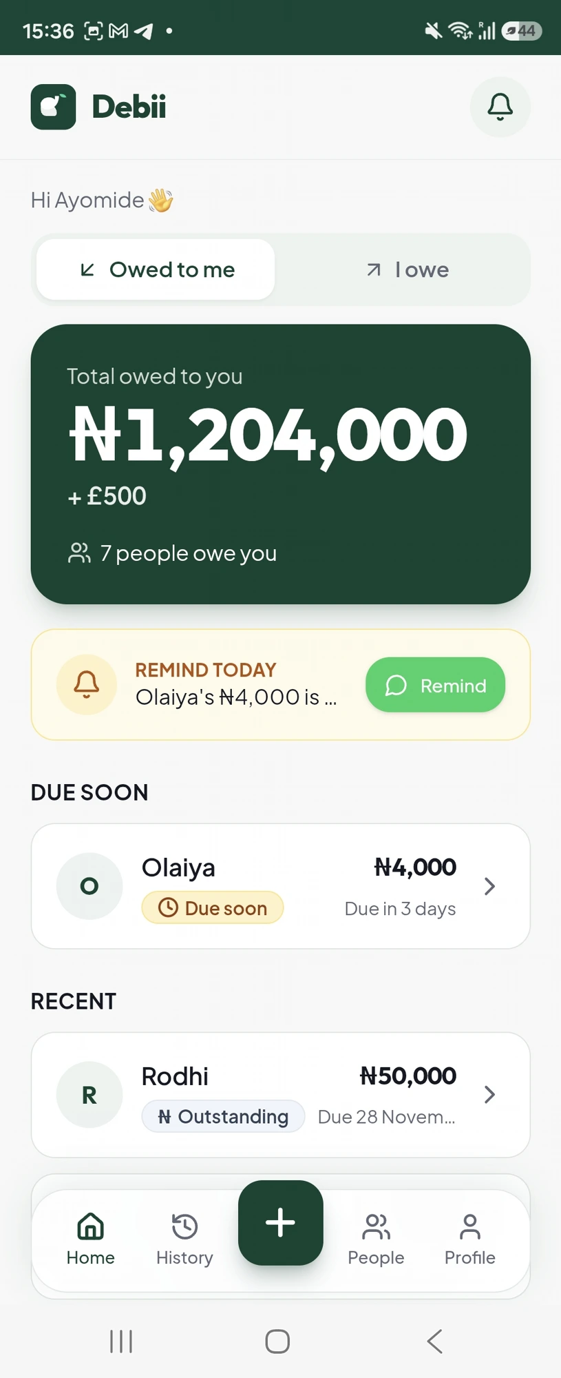 Debii dashboard showing total money owed to you