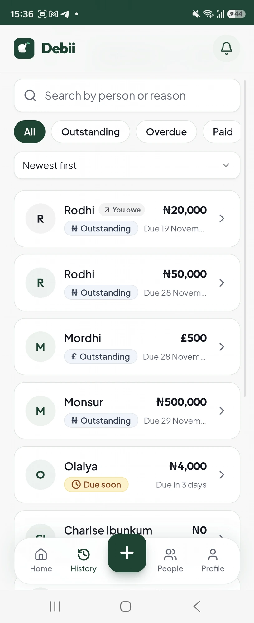 Debii debt list with outstanding balances and due dates