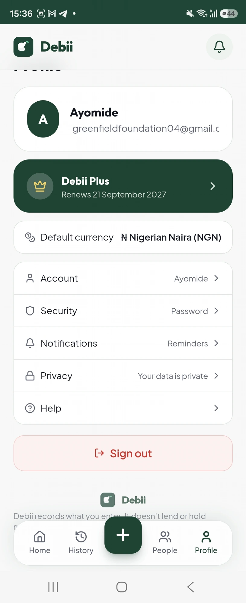 Debii profile screen showing an active Debii Plus subscription